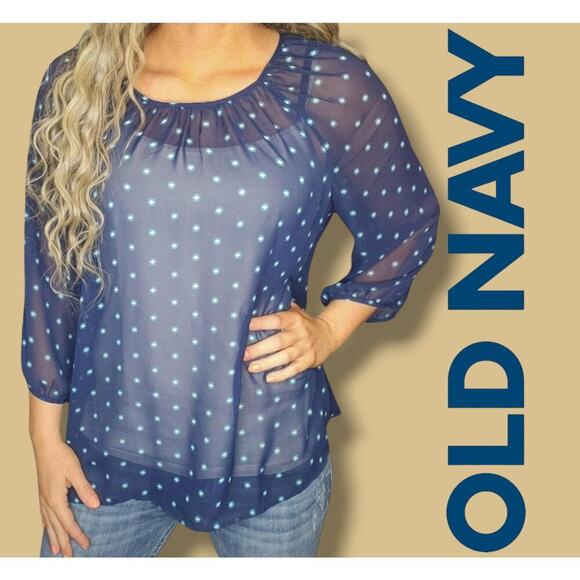 Old Navy Women’s Blue Semi-Sheer Diamond Print Blouse Medium - Picture 6 of 7